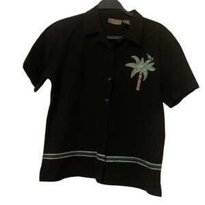 Vintage Jane Ashley Black women’s button up with Palm Tree Design